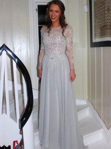 Grey Evening Dress Prom and Party and For with Appliques Bateau Long Sleeves Backless