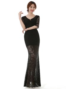 Scoop Black Half Sleeves Lace Ankle Length Evening Dress
