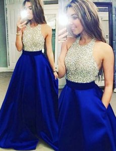 Super Satin Halter Top Sleeveless Backless Beading Prom Evening Gown in Royal Blue