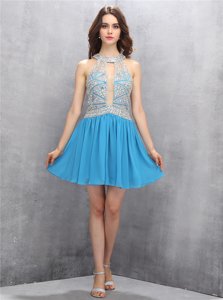 Comfortable Halter Top Baby Blue A-line Beading and Bowknot Prom Party Dress Zipper Chiffon Sleeveless Mini Length