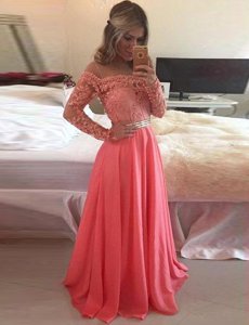 Exceptional Scoop Beading and Appliques Evening Dress Watermelon Red Zipper Long Sleeves Floor Length