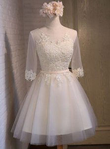Scoop Mini Length White Dress for Prom Organza Half Sleeves Appliques