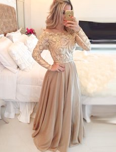 Brown A-line Scoop Long Sleeves Chiffon Floor Length Zipper Beading and Lace Prom Gown