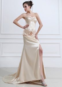 Champagne Sweetheart Prom Evening Dress With Beading and High Slit
