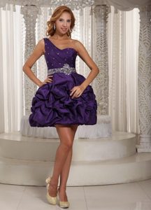 Eggplant Purple One Shoulder Prom Dress with Beading and Pick-ups