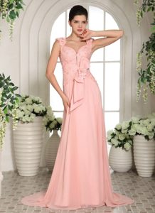 Stylish Hand Flowers Baby Pink Straps Prom Gowns With Brush Train