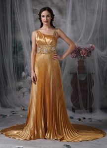 Asymmetrical Gold Empire Prom Dress Beading with Brush Train