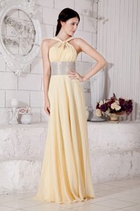 Light Yellow Straps Prom Pageant Dress With Silver Belt