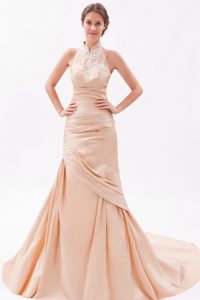 Champagne Mermaid High-neck Embroidery with Beads Prom Dress