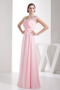 Light Pink Beading One Shoulder Prom Gowns with Ruching