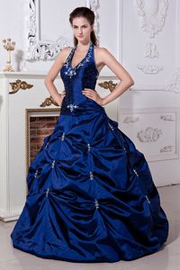 Halter Embroidery Royal Blue Quinceanera Dresses with Pick-ups