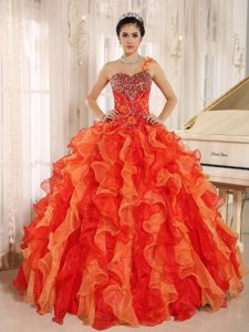 Beading Ruffled Orange Red One Shoulder Quincenera Dresses 2014