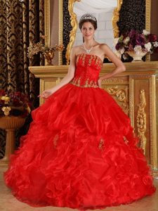 Red Appliques Strapless Ruffled Organza Lace Up Back Sweet 15 Dresses