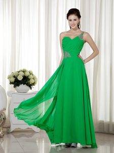 One Shoulder Beading Ankle-length Green Chiffon Prom Cocktail Dress
