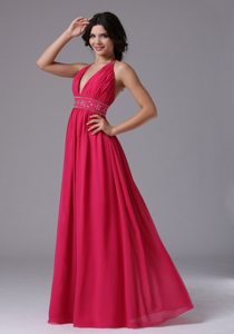 Deep V-neck Coral Red Halter 2013 Prom Dress With Beading and Ruche