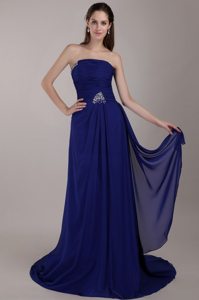 Strapless Peacock Blue Empire Prom Dress Court Train Chiffon Sequins