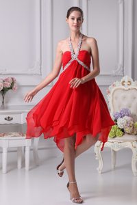 Appliques Halter Beaded Red Prom Party Dresses with Asymmetrical Hem