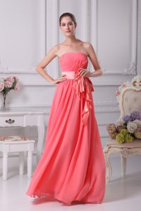 Strapless Sash Back Out Chiffon Watermelon Floor Length Prom Dress