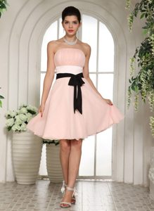 Knee-length Baby Pink Black Sash Prom Dress for Cheap in USA