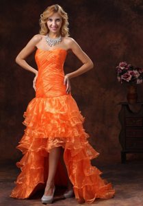 Ruffled Layers High-low Ruched Orange Red Organza Maxi Prom Dress