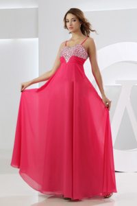 Hot Pink Chiffon Beaded Prom Maxi Dress with Spaghetti Straps