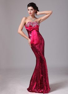 Paillette Mermaid Hot Pink Celebrity Prom Dresses with Bowknot
