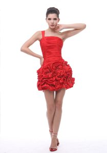 One Shoulder Hand Made Flowers Ruched Red Prom Cocktail Dresses