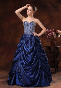 Beaded Pick-ups A-line Sweetheart Navy Blue Prom Maxi Dress
