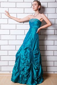 Teal A-line Strapless Beading Pick-up Dress For Prom Queen
