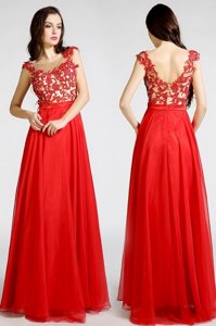Elegant Red Column/Sheath Chiffon Bateau Sleeveless Beading and Appliques Floor Length Zipper Prom Evening Gown