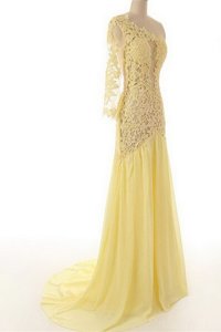 Customized Light Yellow Column/Sheath One Shoulder 3|4 Length Sleeve Chiffon and Lace Sweep Train Side Zipper Lace Prom Party Dress