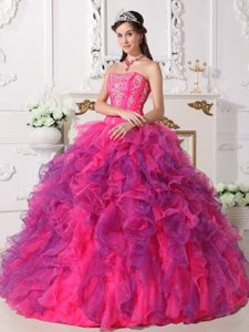 Hot Pink and Lavender Organza Quinceanera Gown Dresses Appliques