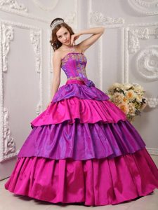 Lavender and Hot Pink Quinceanera Gown with Appliques and Layers