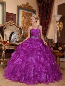 Purple One Shoulder Sweet 15 Dresses with Beading and Ruffles