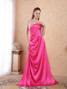 Taffeta Hot Pink Beaded Ruched Sweetheart Long Prom Dresses