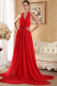 Halter top Handmade Flowers Ruched Red Prom Dress for Girls