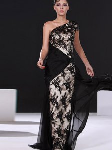 One Shoulder Black Cap Sleeves Chiffon Brush Train Side Zipper Prom Evening Gown for Prom and Party