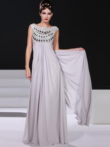 Silver Chiffon Side Zipper Dress for Prom Sleeveless Floor Length Beading and Lace
