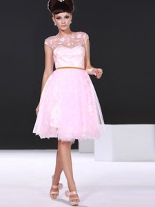 Smart Chiffon Scoop Cap Sleeves Zipper Lace Prom Dress in Baby Pink