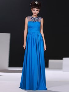 Comfortable Blue Column/Sheath Scoop Sleeveless Silk Like Satin Floor Length Zipper Beading and Ruching Evening Dress