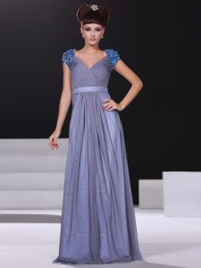 Delicate Lavender Short Sleeves Floor Length Beading and Ruching Zipper Prom Gown