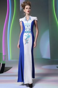 Charming Blue And White V-neck Neckline Embroidery Prom Evening Gown Cap Sleeves Zipper