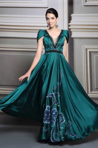Fitting Short Sleeves Floor Length Beading and Embroidery and Belt Zipper Homecoming Dress with Dark Green