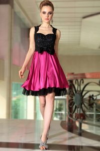 Glamorous Beading Prom Gown Pink And Black Side Zipper Sleeveless Knee Length