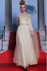 One Shoulder Tulle 3|4 Length Sleeve Floor Length Prom Dress and Beading and Appliques