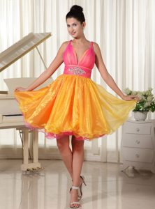 Straps Beading Ruches Prom Pageant Dress in Hot Pink and Orange