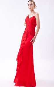 Red Long Beaded Chiffon Prom Pageant Dress with Spaghetti Straps