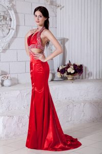 New Beaded Halter Top Prom Evening Dress Sweep Train with Cutout Waist