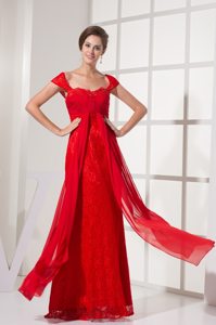 New Red Zipper-up Ruche Prom Holiday Dress Floor-length Lace Decorated