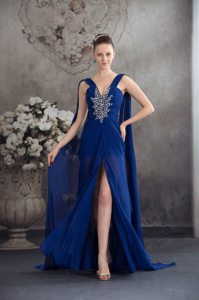 High Slit Beaded Prom Gown Dress Watteau Train in Royal Blue for Juazeiro